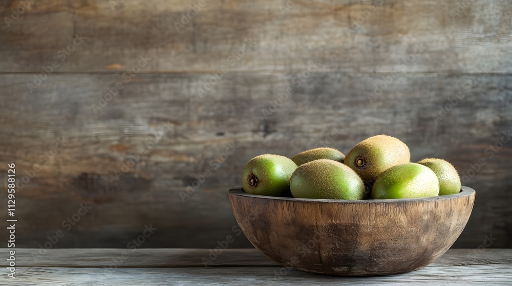Fresh Green Kiwis in Wooden Bowl Rustic Setting Fresh Green Kiwis in Wooden Bowl Rustic Setting