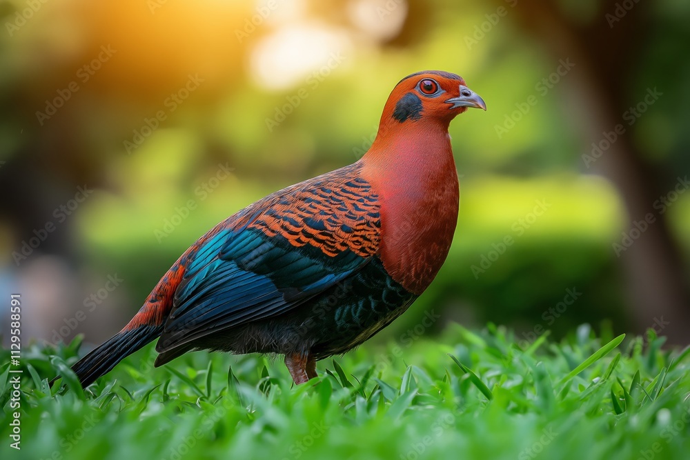 Quail foraging in a grassy field at sunrise with detailed feathers blending in golden tones Quail foraging in a grassy field at sunrise with detailed feathers blending in golden tones