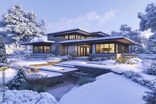 A modern Craftsman house set in a snowy landscape, with clean architectural lines, a cozy garden, and a winter wonderland atmosphere photo