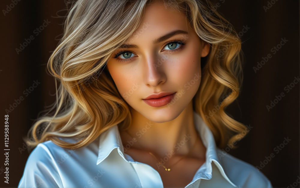 A captivating portrait of a blonde woman with soft curls and radiant blue eyes, exuding natural elegance, timeless beauty, and confidence in a warmly lit setting. A captivating portrait of a blonde woman with soft curls and radiant blue eyes, exuding natural elegance, timeless beauty, and confidence in a warmly lit setting.