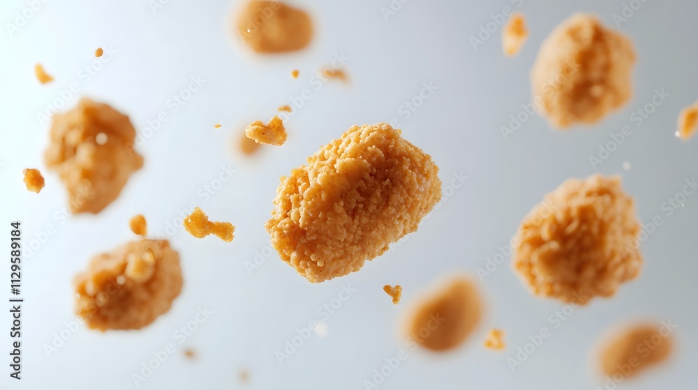 Fried chicken nuggets falling in the air on a white background design,
Fried chicken nuggets falling in the air on a white background design,