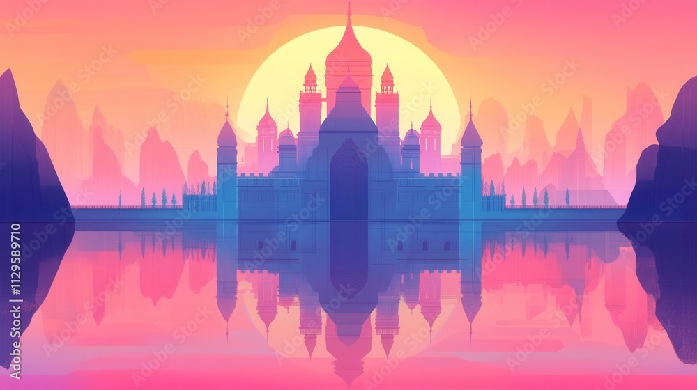 Serene Castle Illustrations in Flat Style with Sunset Reflections Serene Castle Illustrations in Flat Style with Sunset Reflections