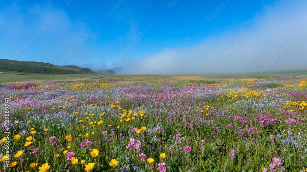 Vibrant wildflowers bloom in a misty meadow under a clear blue sky. Vibrant wildflowers bloom in a misty meadow under a clear blue sky.
