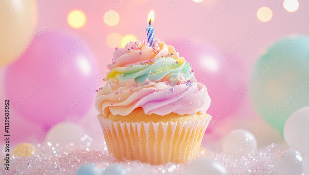 A cupcake with colorful frosting and a birthday candle, centered on a pastel pink background with bokeh lights and balloons Generative AI