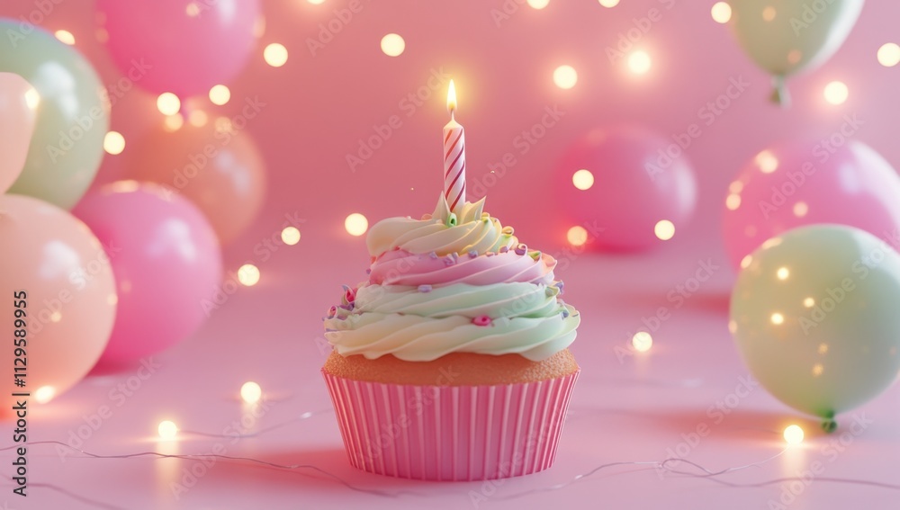A cupcake with colorful frosting and a birthday candle, centered on a pastel pink background adorned with small lights and balloons, creates an adorable first-year celebration scene Generative AI A cupcake with colorful frosting and a birthday candle, centered on a pastel pink background adorned with small lights and balloons, creates an adorable first-year celebration scene Generative AI