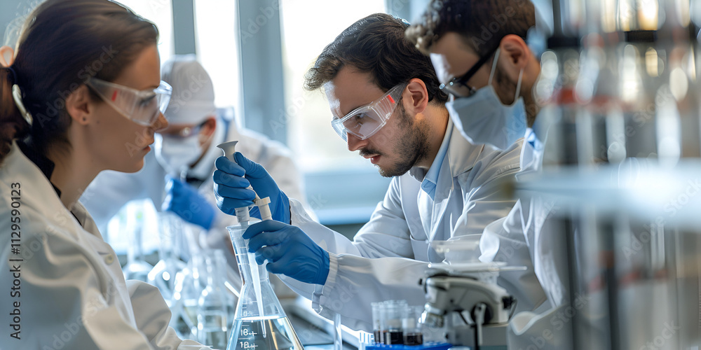 Team of scientists conducting laboratory experiments, Group of researchers collaborating on chemistry analysis Team of scientists conducting laboratory experiments, Group of researchers collaborating on chemistry analysis