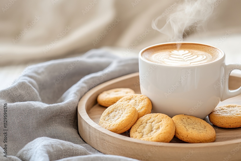 Steaming cup of coffee on a wooden tray accompanied by delicious beige cookies and soft linen napkins in warm tones Steaming cup of coffee on a wooden tray accompanied by delicious beige cookies and soft linen napkins in warm tones