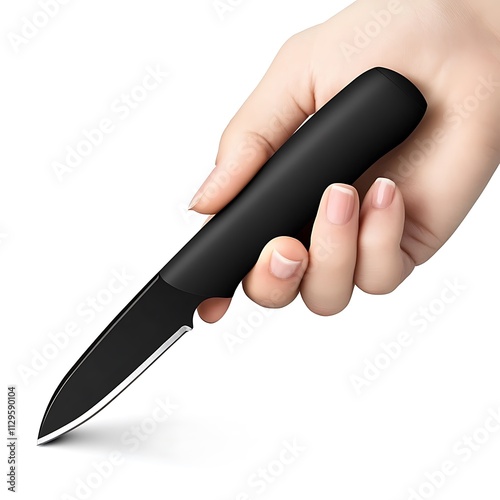 Hand holding a sharp black knife with a sleek ergonomic design. photo