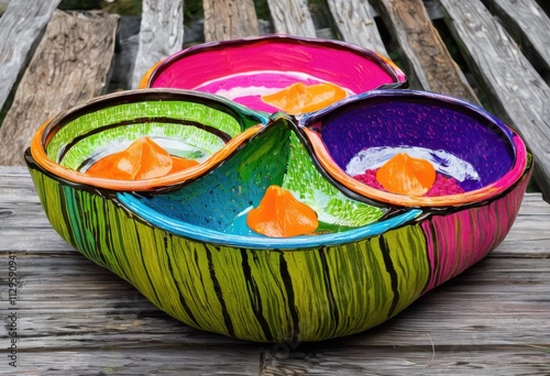 vibrant colorful pet food bowls displayed textured surfaces capturing brightness quirkiness playful pets, colors, decorative, dish, feline, accessories photo