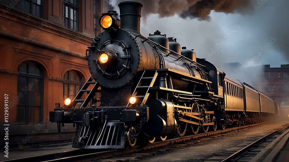 Obraz premium A vintage steam locomotive at a train station, billowing smoke.