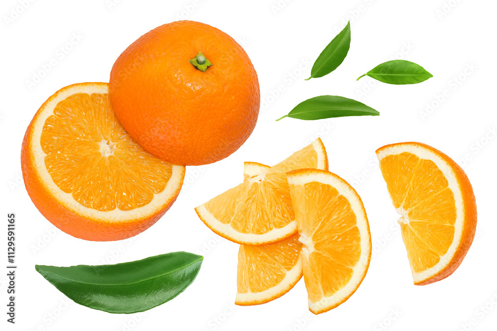 Orange fruit slices isolated on white background. Top view. Flat lay. Orange fruit slices isolated on white background. Top view. Flat lay.