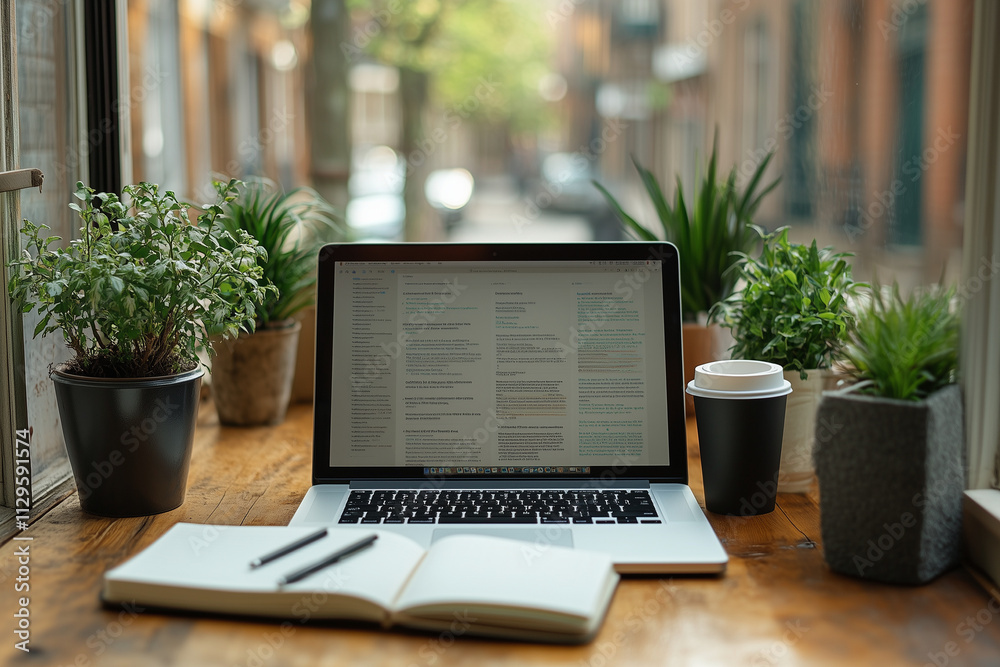 A clean workspace with a neatly arranged laptop, pen, notebook, and coffee cup. A clean workspace with a neatly arranged laptop, pen, notebook, and coffee cup.