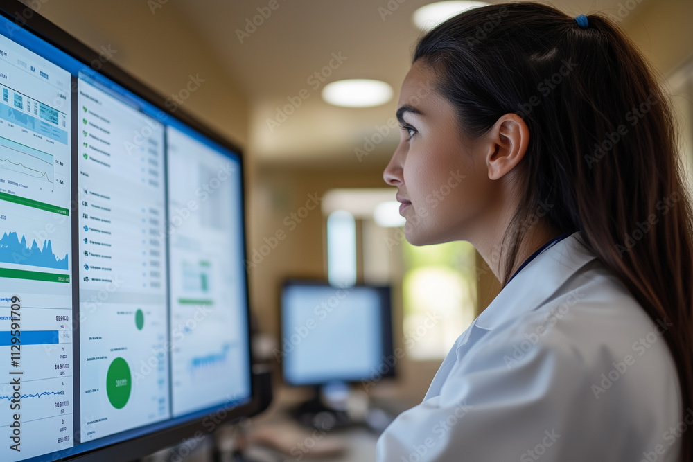 Healthcare professional analyzes patient metrics for improved care delivery in a clinical setting Healthcare professional analyzes patient metrics for improved care delivery in a clinical setting