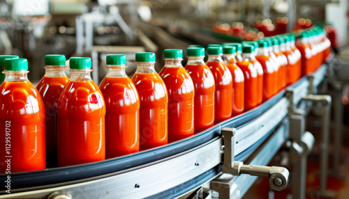 Conveyor belt with many bottles of hot sauce