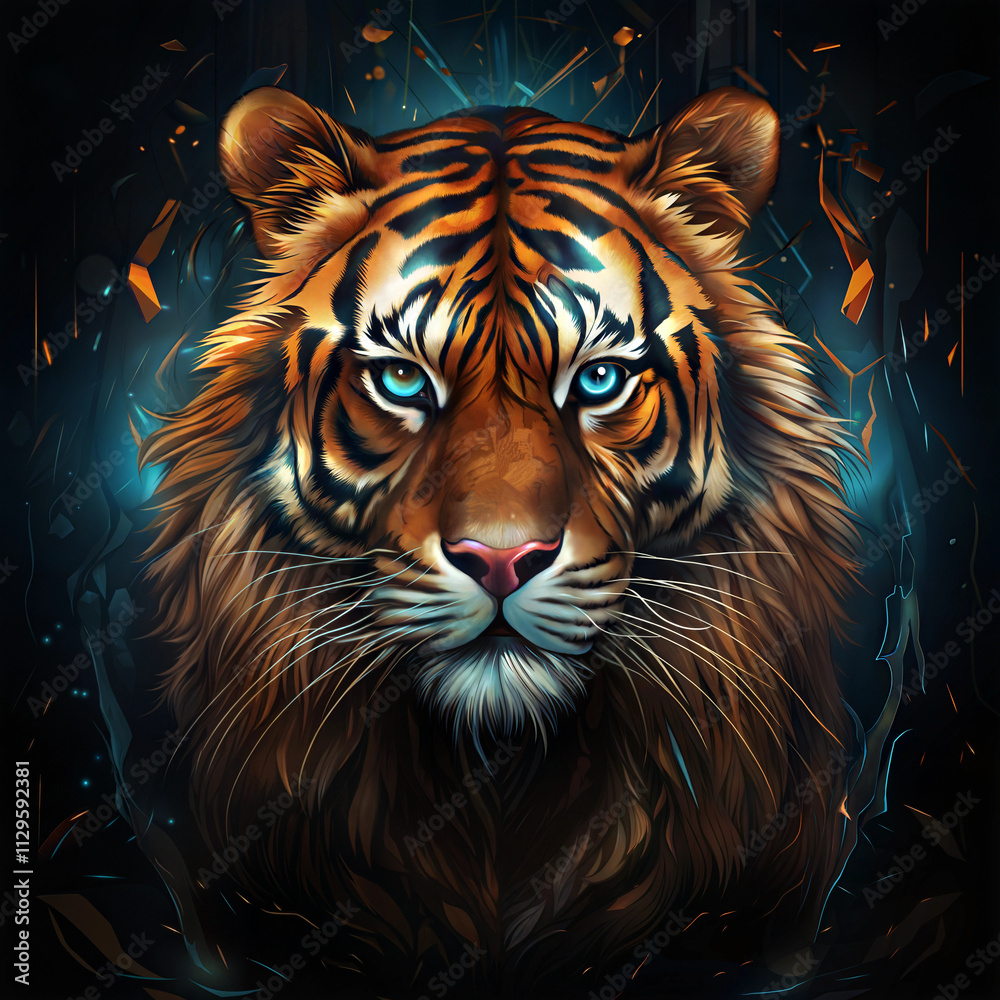 Сolor print for T-shirt Powerful tiger portrait emerging from a dark abstract background, radiating strength and intensity with captivating blue eyes. Сolor print for T-shirt Powerful tiger portrait emerging from a dark abstract background, radiating strength and intensity with captivating blue eyes.