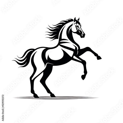 Rearing Horse: A black and white illustration of a spirited horse standing on its hind legs, capturing the animal's powerful grace and untamed nature.   photo