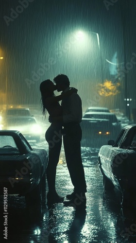 Silhouette of a couple kissing under streetlights in the rain