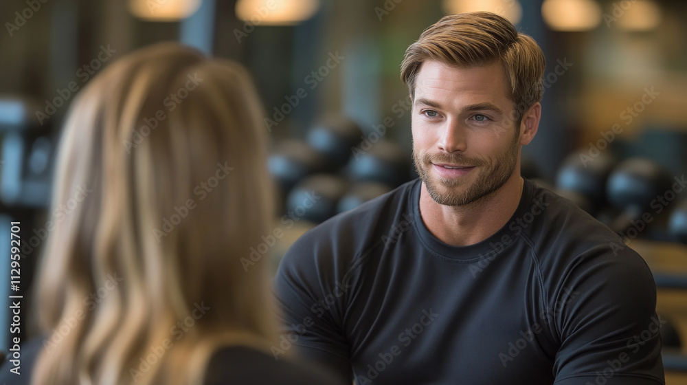 A fitness coach shares advice with a client in a gym, discussing strategies for successful weight loss and motivation during their training session A fitness coach shares advice with a client in a gym, discussing strategies for successful weight loss and motivation during their training session