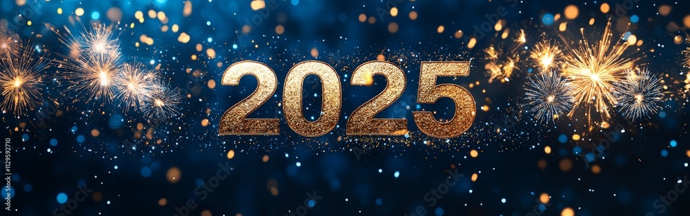 Bright Golden 2025 Numbers with Fireworks Display