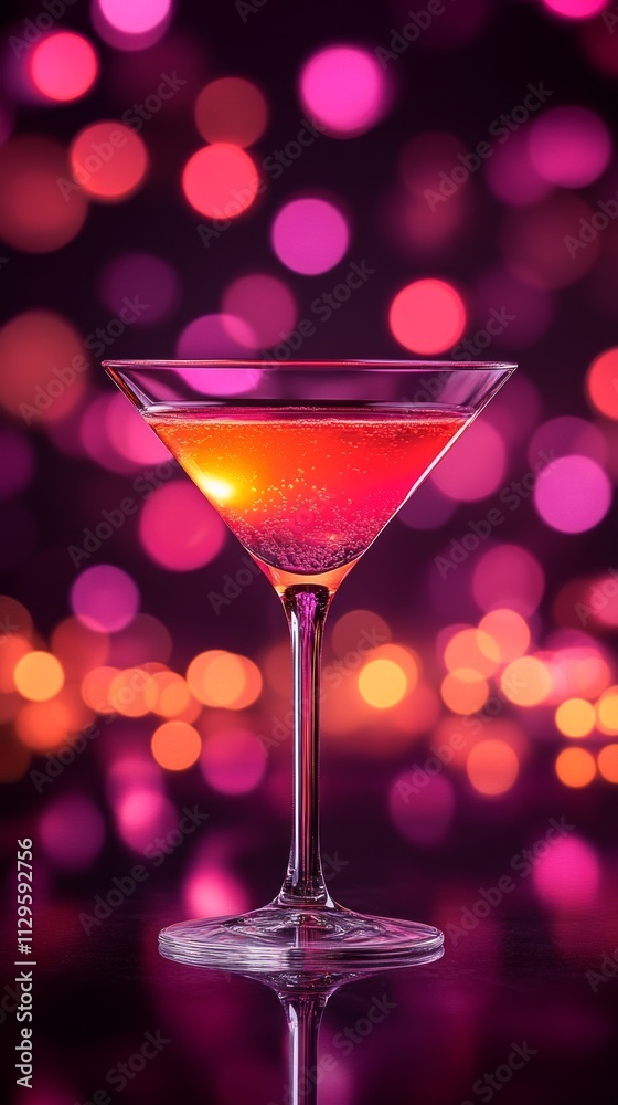A vibrant cocktail glass filled with a colorful drink shimmers in front of a dark backdrop, illuminated by an array of bright bokeh lights create a lively mood