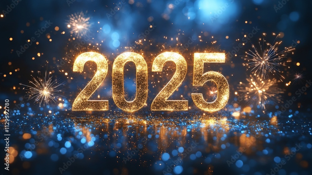 Bright Golden 2025 Numbers with Fireworks Display Bright Golden 2025 Numbers with Fireworks Display