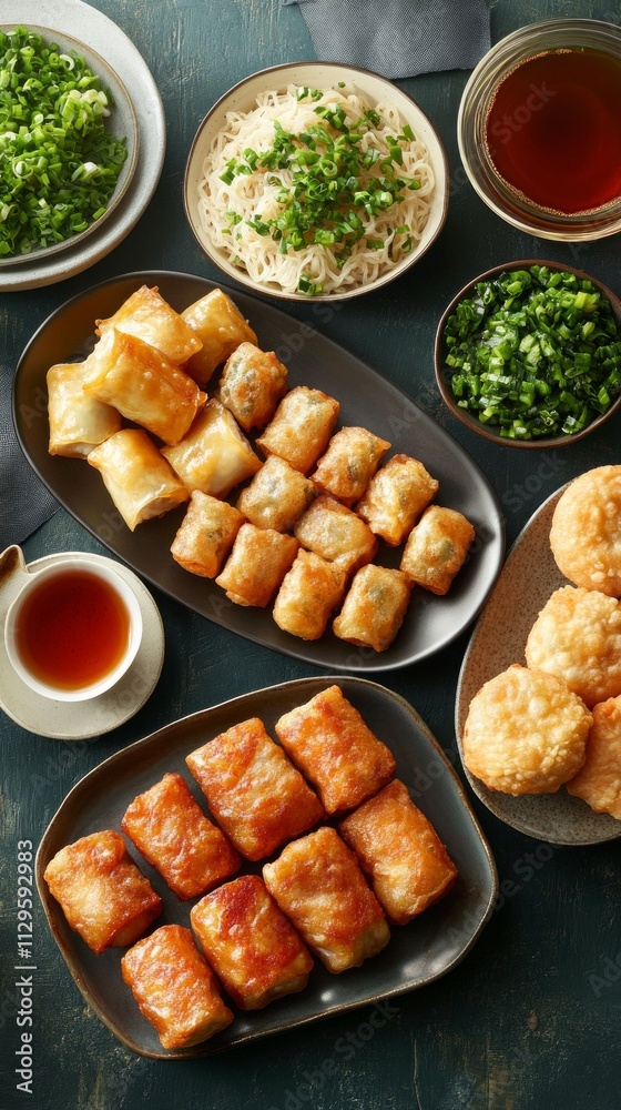 A vibrant spread of dim sum features various types, served alongside green onions, dipping sauces, and tea in a warm setting perfect for sharing A vibrant spread of dim sum features various types, served alongside green onions, dipping sauces, and tea in a warm setting perfect for sharing
