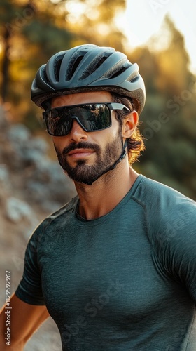 A person dressed in a fitted shirt and sunglasses stands confidently, wearing a bicycle helmet while enjoying a sunny day outdoors in nature