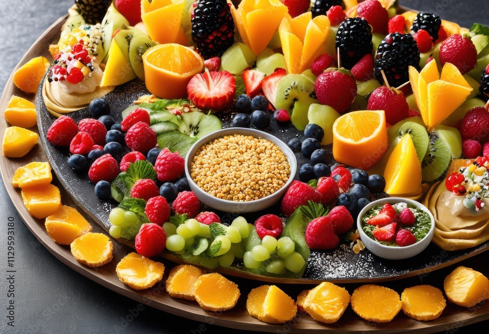 close image colorful array tasty delectable snacks platter showcasing variety presentation, appetizer, assortment, banquet, bite, bistro, buffet, cheese