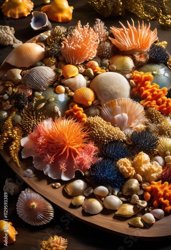 vibrant shellfish arrangement surrounded colorful sea elements including oceanic plants, anemone, aquatic, beach, biodiversity, coral, coastline, reef, marine photo