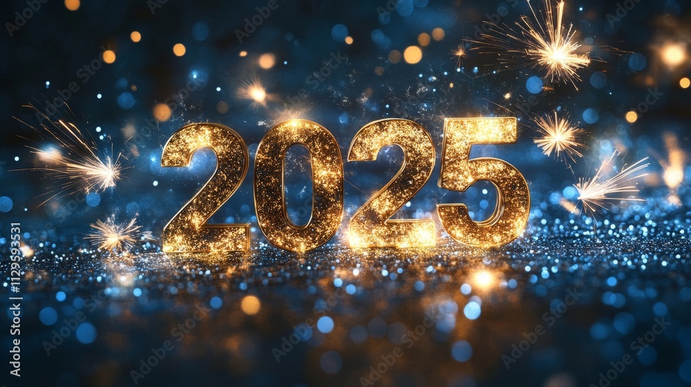 Bright Golden 2025 Numbers with Fireworks Display Bright Golden 2025 Numbers with Fireworks Display