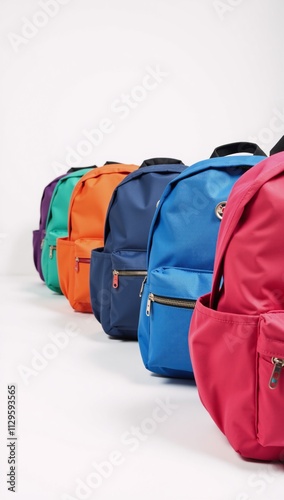 Colorful line-up of backpacks on a white backdrop back-to-school theme photo