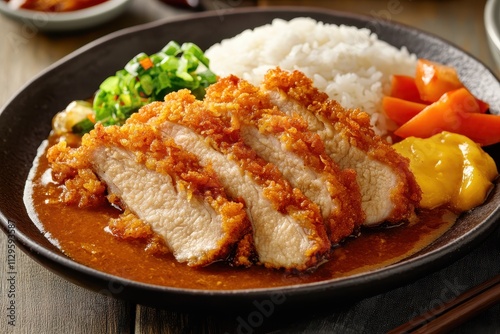 Crispy fried chicken or pork cutlet with Japanese curry and rice influenced by Japanese and Korean cuisine