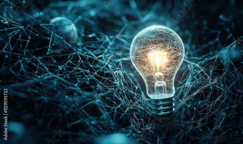 A glowing light bulb surrounded by intricate web-like structures, creating an ethereal and mysterious atmosphere.