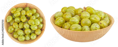 Green gooseberry in a wooden bowl isolated on white background . Top view. Flat lay.