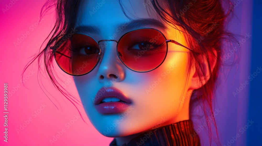 Portrait of a woman with neon lighting and stylish sunglasses Portrait of a woman with neon lighting and stylish sunglasses