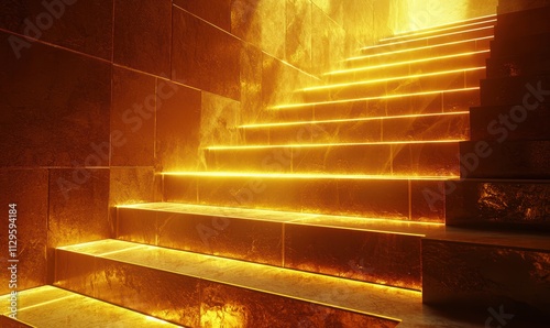 A visually striking staircase illuminated with golden light, creating an ethereal and warm atmosphere.