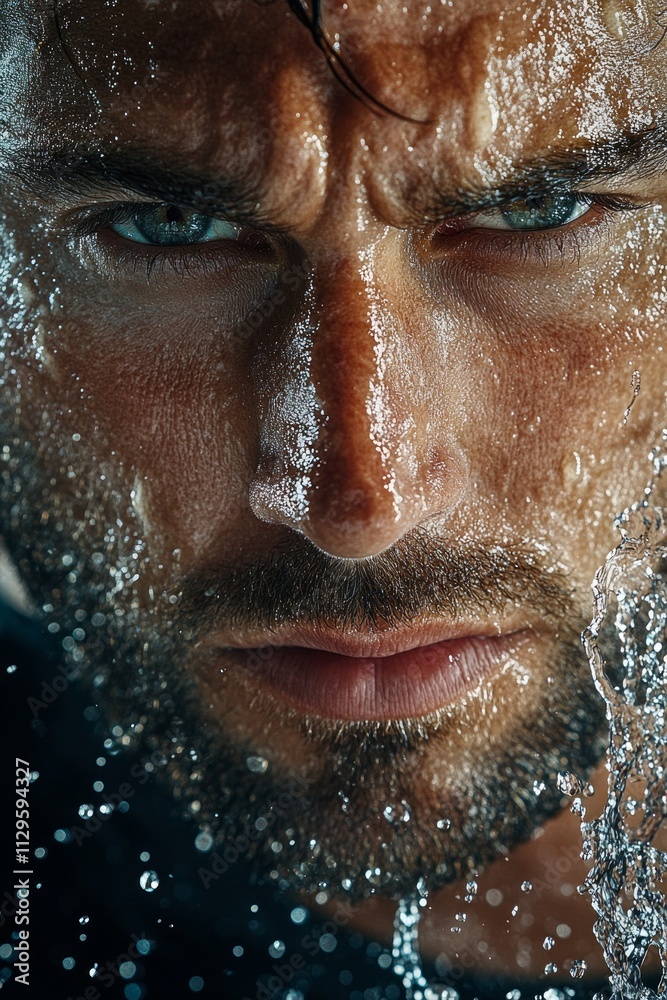 A man with a serious expression faces the camera while water splashes around him, highlighting his features and the intensity of the moment in focus A man with a serious expression faces the camera while water splashes around him, highlighting his features and the intensity of the moment in focus