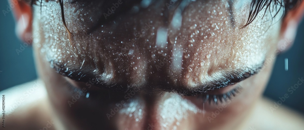 Obraz premium A young man exhibits deep concentration, with rain droplets sliding down his forehead in a quiet, introspective moment inside a dimly lit environment