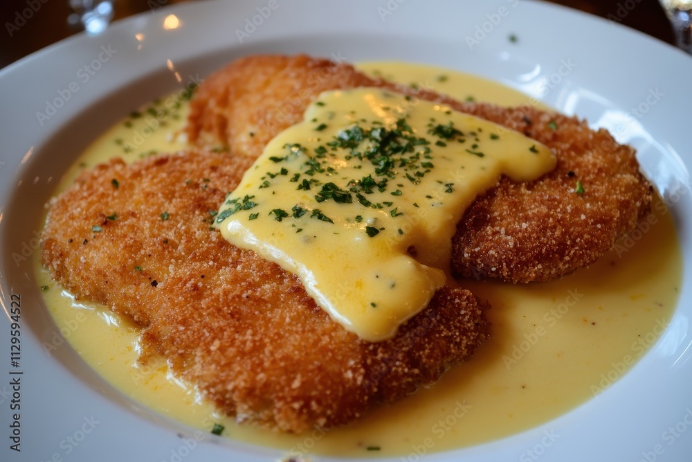 Crispy schnitzel with a rich cheese sauce Juicy breaded cutlet paired with a creamy topping for a luxurious taste Crispy schnitzel with a rich cheese sauce Juicy breaded cutlet paired with a creamy topping for a luxurious taste
