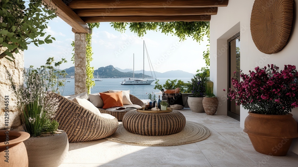 Fototapeta premium Boho terrace with colorful cushions Mediterranean plants and ocean view