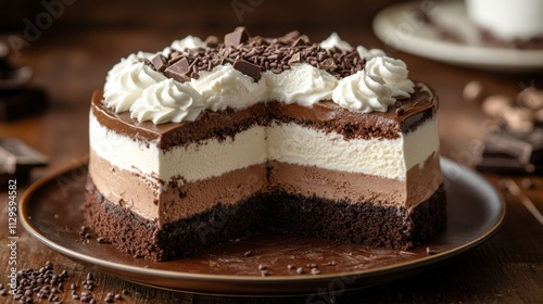 Slice of chocolate cake on a white plate