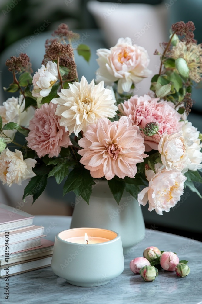 A beautifully arranged bouquet of soft pink and cream flowers rests on a coffee table, accompanied by a warm candle and some books in a charming living room