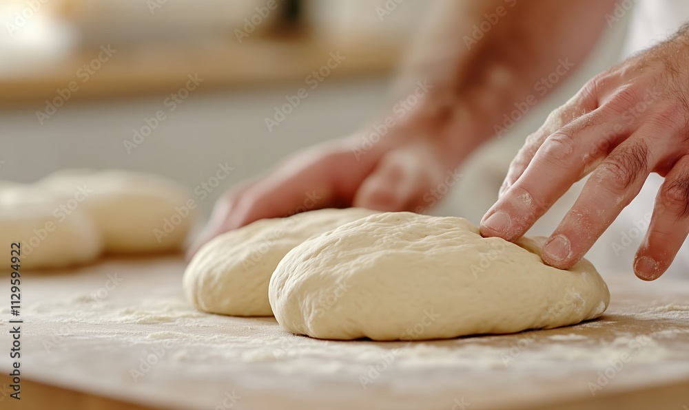 Rolling out dough on a floured board, capturing the process of baking and the hands-on preparation of homemade pastries or bread.