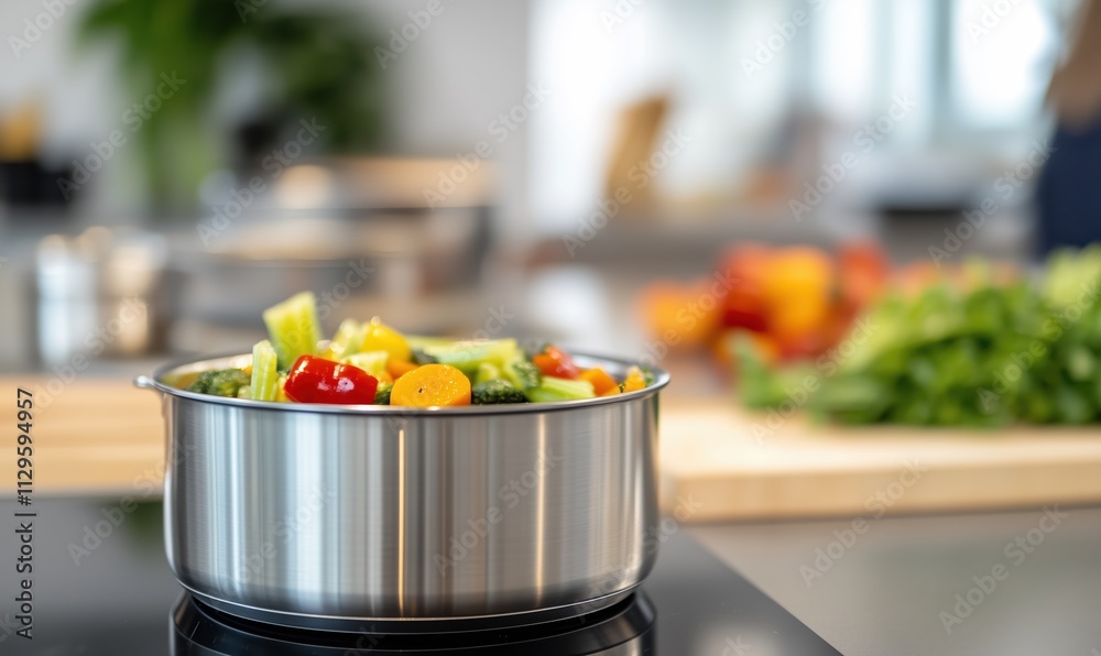 Smooth celery soup puree recipe with mixed vegetables in a saucepan displayed on a kitchen counter