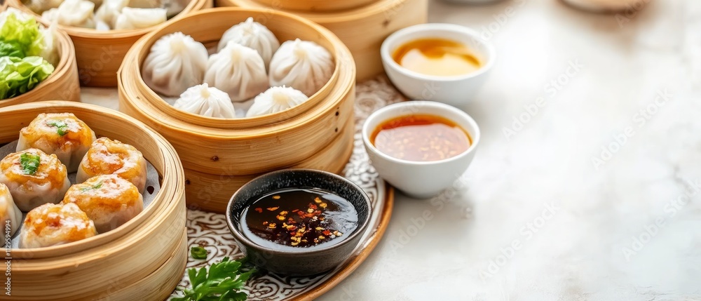 Bamboo steamers filled with various dim sum dumplings are arranged on a table, accompanied by sauces for dipping, highlighting an inviting dining experience Bamboo steamers filled with various dim sum dumplings are arranged on a table, accompanied by sauces for dipping, highlighting an inviting dining experience