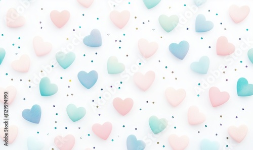 Soft pastel gradient with 3D floating hearts and scattered glitter for romantic text placement