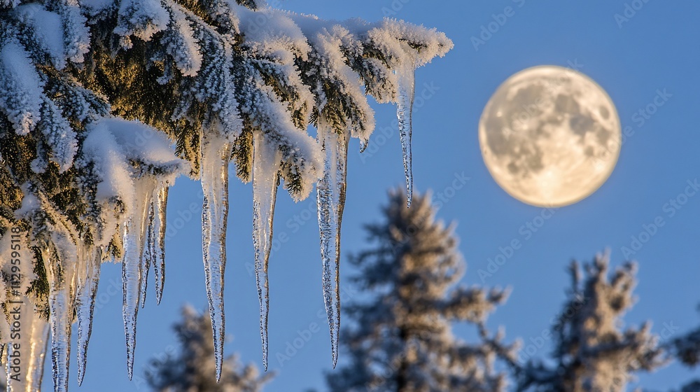 Naklejka premium Frosty winter scene with full moon and icicles hanging from snow-covered pine branches.