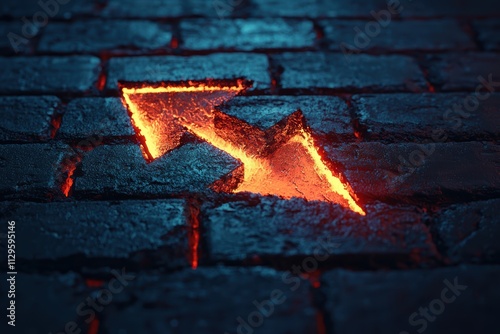 A glowing, fiery arrow symbol emerges from dark cobblestones, creating a striking contrast and suggesting direction or movement.