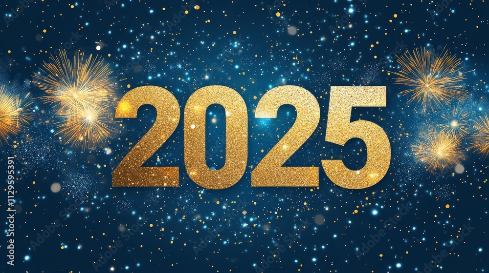 Bright Golden 2025 Numbers with Fireworks Display