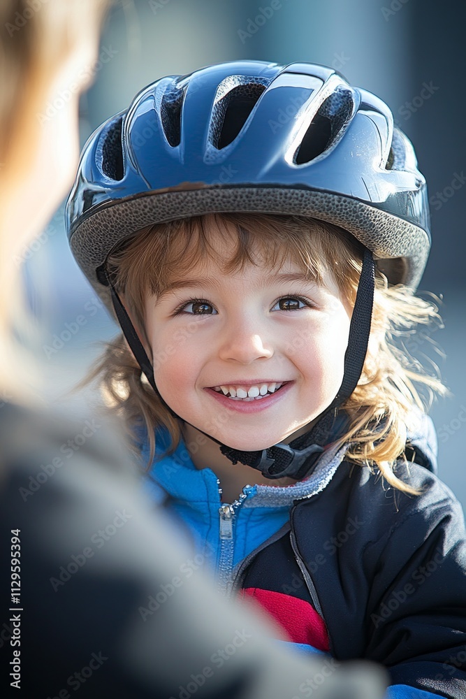 Child with a joyful expression dons a bicycle helmet, appearing excited for an outdoor adventure in a sunny environment with a companion nearby Child with a joyful expression dons a bicycle helmet, appearing excited for an outdoor adventure in a sunny environment with a companion nearby